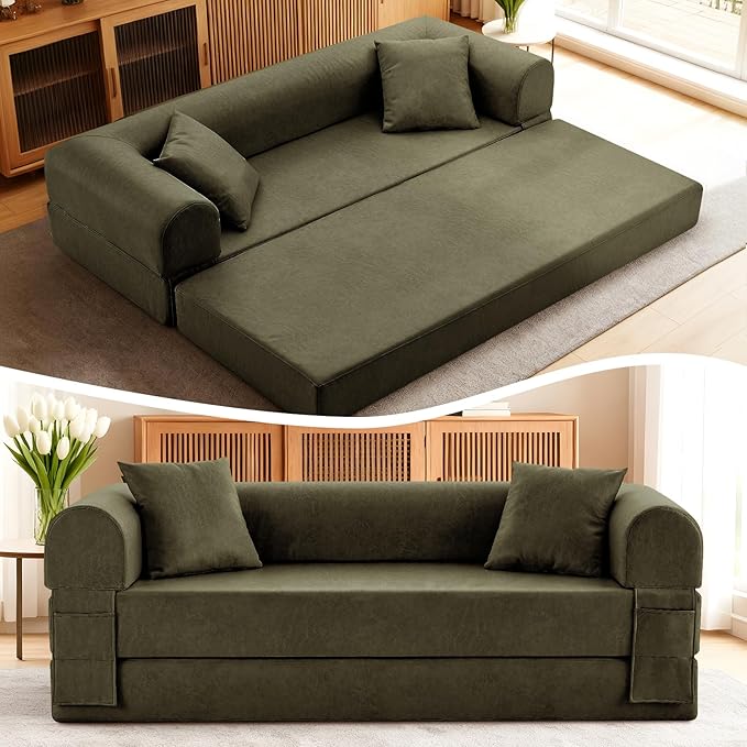 4-in-1 Folding Convertible Sofa Bed 78 Inch Faux Leather Boneless Couch Loveseat Sleeper with Pull Out Bed Floor Sofa Modular Futon Teddy Sofa for Living Room Bedroom Lounge Green