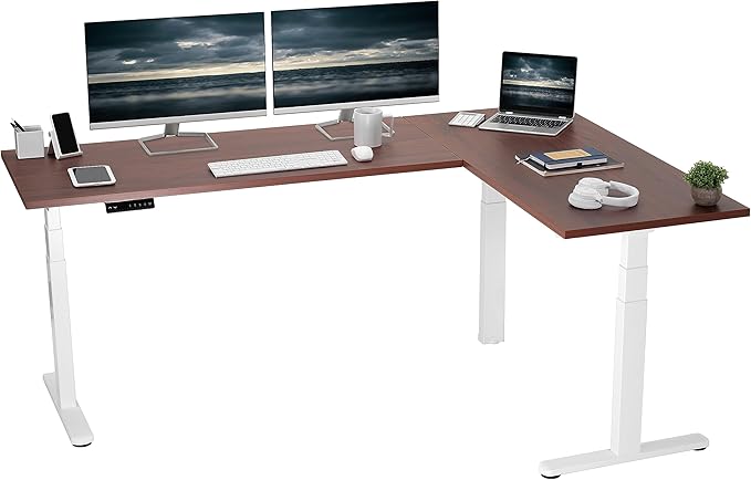 VIVO Electric 78 x 55 inch Square Corner Memory L Shaped Stand Up Desk Dark Walnut Table Top White Frame Corner Height Adjustable Workstation 3E-S Series DESK-KIT-3E5SWD