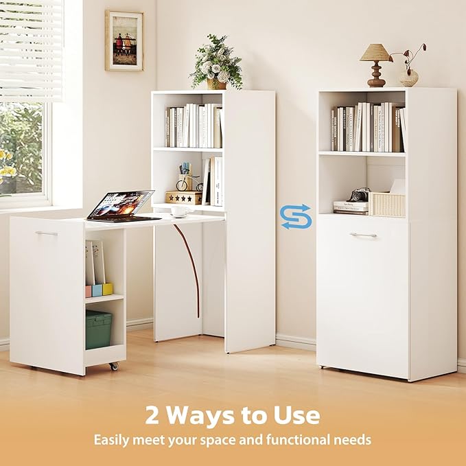 Folding Desk with Storage Convertible Table with Shelves &amp Wheels Craft Cabinet with Fold Out Table Compact Computer Desk for Small Space Reversible L Shaped Desk - White