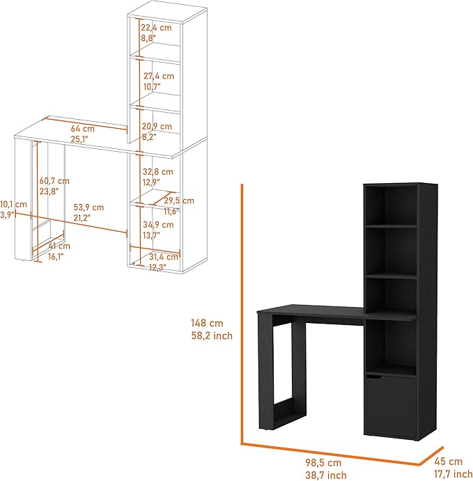 Computer Desk with 4-Tier Bookcase and 1-Door Cabinet Ample Work Surface for Home Office Living Room Black