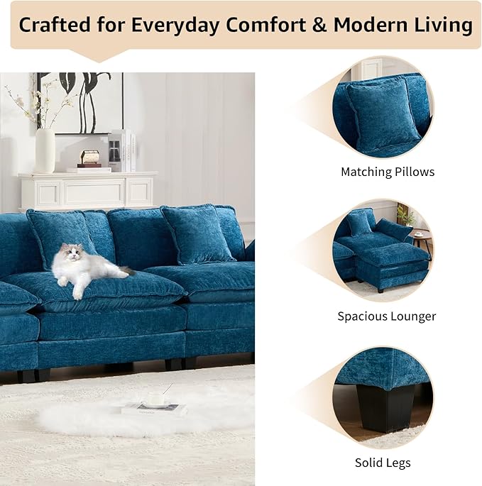 46.4'' Blue Modern Large Sectional Couches for Living Room Chenille Fabric Modular Sectional Sofa Oversized Single Cloud Couch with Ottomans Deep Seat Wide Arm Sofas Set Sofa para Sala