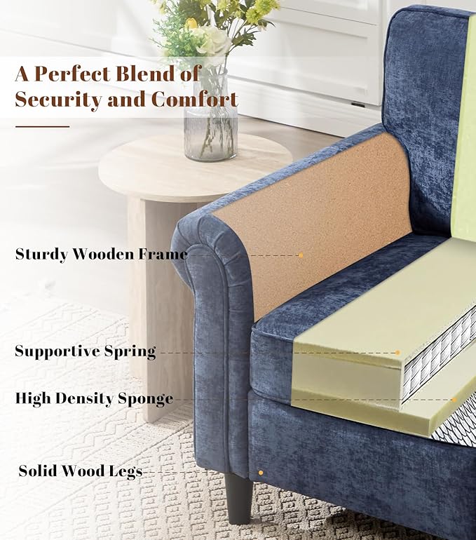 Kingfun Loveseat 2 Seater Couch Mid Century Modern Chenille Sofa with Rolled Arms and Deep Seats Fluffy Comfort for Living Room Apartment Easy Assembly Blue