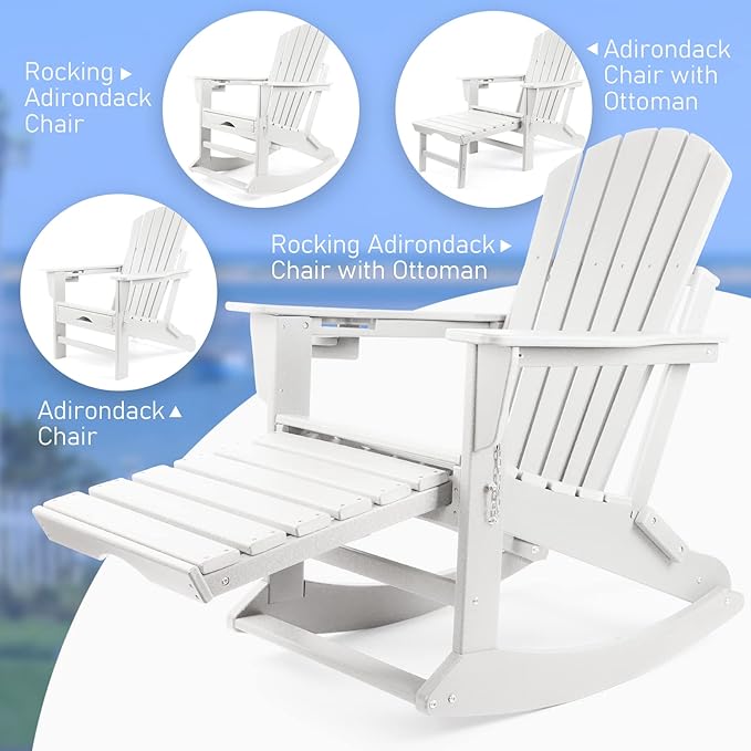 FUNBERRY Adirondack Rocking Chair Multifunctional 4-in-1 Porch Rocker with Retractable Ottoman &amp Cup Holder HDPE All Weather