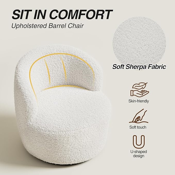Swivel Accent Chair Set of 2 360° Small Round Barrel Chairs Modern Cozy Sherpa Padded Armchair for Living Room Bedroom Waiting Room Office White