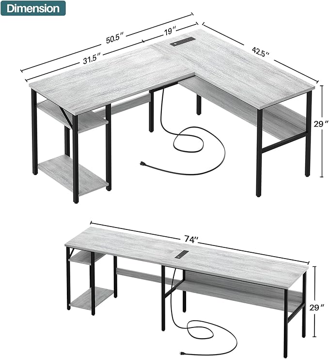 Unikito L Shaped Computer Desk with Magic Power Outlets and USB Charging Ports Sturdy Reversible Corner Desk with Storage Shelves Modern Work Desk for Home Office Easy to Assemble White Oak
