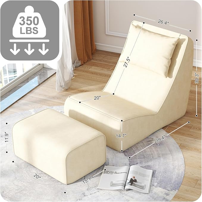 Giant Bean Bag Chair for Adults - Indoor Chaise Lounge with Neck Pillow &amp Ottoman All-in-One Sponge Design Comfy Floor Chair for Reading Gaming Napping and Movies (Khaki)