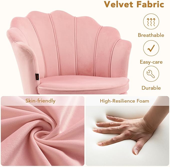 Furniliving Velvet Vanity Chair Shell Accent Chair for Living Room Upholstered Accent Chair with Gold Metal Legs Makeup Chair for Vanity Armchair Guest Chairs Side Chair for Bedroom (Pink 2)