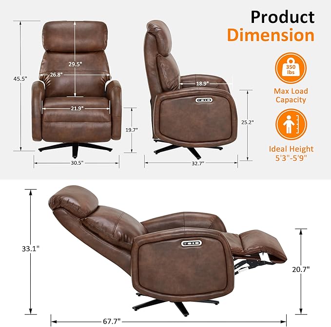 MCombo Dual Motor Power Recliner Chair for Adults Modern Faux Leather Electric Swivel Recliner with USB Charging Heavy Duty Adjustable Lounge Chair for Living Room &amp Bedroom 4610 (Brown)
