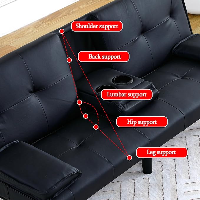 Convertible Folding Futon Sofa Bed Sleeper Couch for Living Room Modern Faux Leather Upholstered Loveseat w/Removable Armrests Metal Legs 2 CupHolders Love Seat Sofa Bed for Small Spaces (Black i)