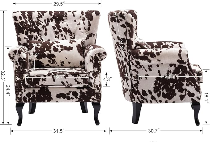 chairus Mid-Century Modern Accent Chair Comfy Tufted Single Sofa Chair Wingback Armchair with Pillow for Club Living Room Bedroom - Velvet Cow
