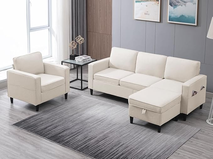 PUREMIND 2 Pcs Sofa Set Couches Set w Wooden Sofa Legs Linen Living Room Furniture w Storage Ottoman Storage Pockets Thicken Cushion Sectional Sofas Includes 3-Seater+ Armchair Beige