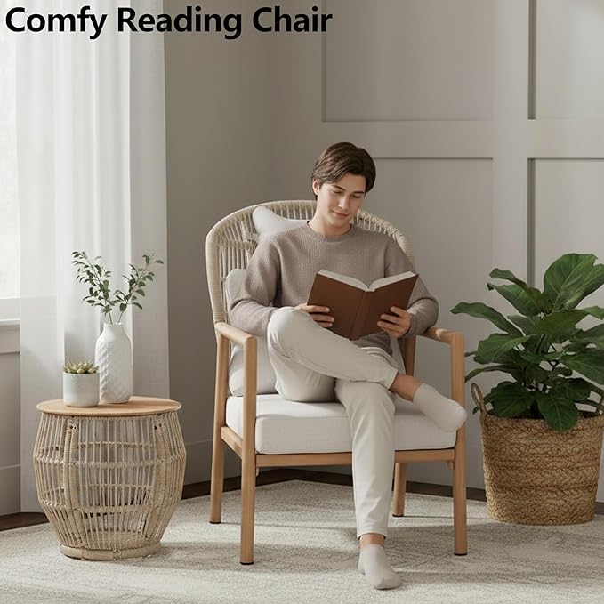Modern Living Room Chairs Accent Chairs Set of 2 with Coffee Table Comfy Arm Chair with Cushions Rattan Reading Lounge Chair with Metal Frame Armchair for Bedrooom/Indoor/Outdoor Beige
