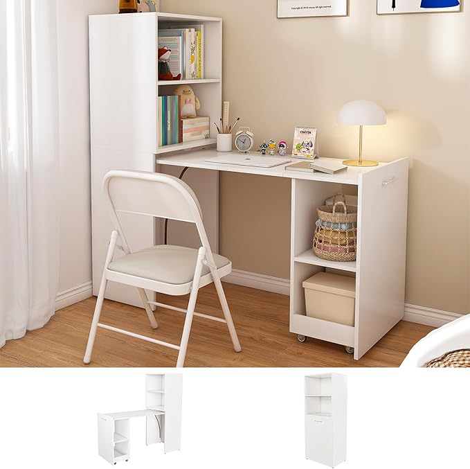 33''Folding Office Desk with Storage Shelves and Wheels Mid Century Modern Fold Out Stretchable Computer Desk for Small Spaces Home Office Apartment (White)