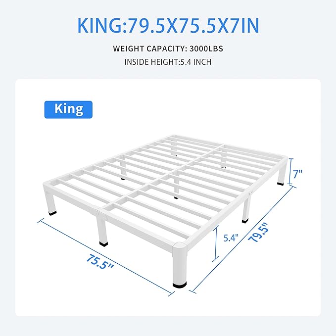 MAF 7 Inch King Metal Platform Bed Frame White with Round Corner Legs Mattress Slide Stopper 3000 LBS Heavy Duty Steel Slats Support Noise Free No Box Spring Needed Easy Assembly