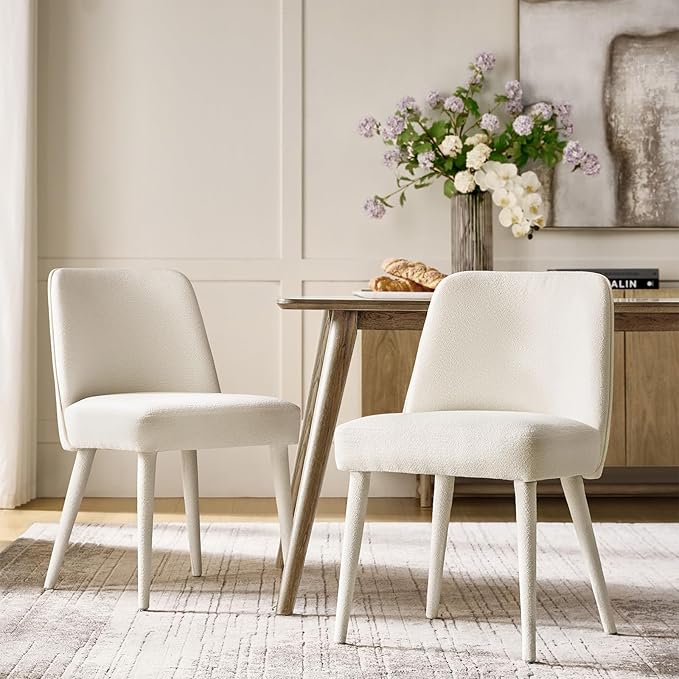 HULALA HOME Modern Dining Chairs Set of 2White Fully Chenille Upholstered Dining Room Chairs Set with Foot Peg Wood Frame Armless Kitchen Accent Chairs for Living Room Bedroom Reception - Ivory