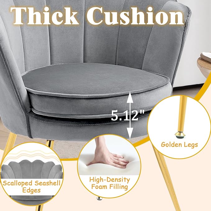 Accent Chairs Set of 2 for Living Room Velvet Upholstered Makeup Room Vanity Chair with Back Golden Metal Legs Small Accent Side Chair for Bedroom Cloud Chair Set 2 Pcs Light Grey