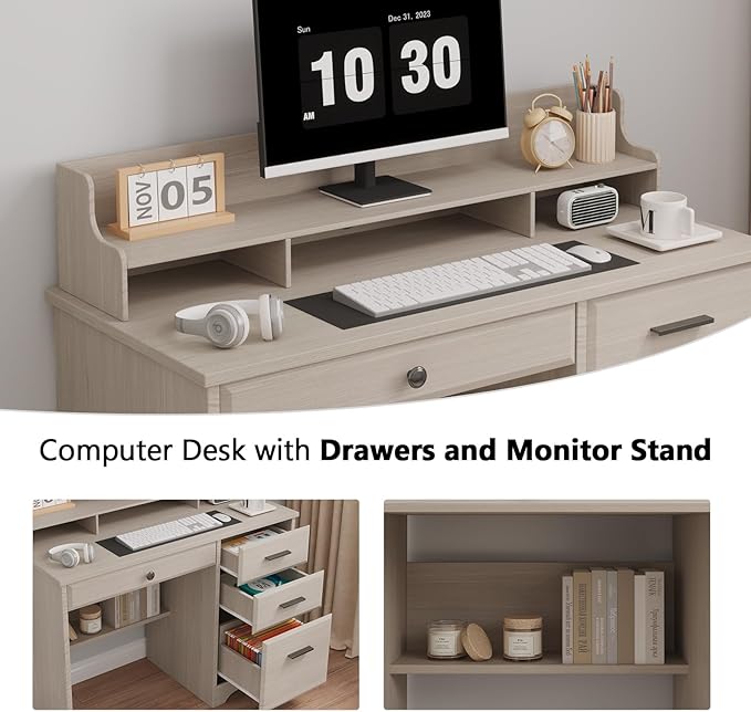 Small Desk with 4 Drawers Computer Desk with Storage &amp Monitor Stand for Small Space Office Desk with File Drawers &amp Shelve for Bedroom Wood Writing Desk with Hutch Milky White