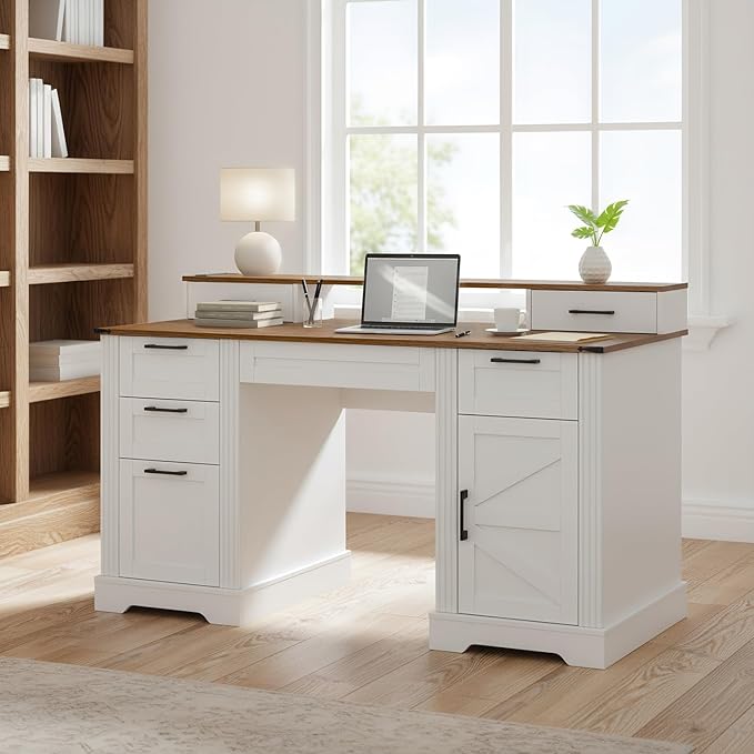 59-inch Farmhouse Home Office Desk with Charging Station – Wooden Office Study Desk with File Drawers and Storage Cabinet Barn Door Design Computer Desk for Study Living Room or Office (White)