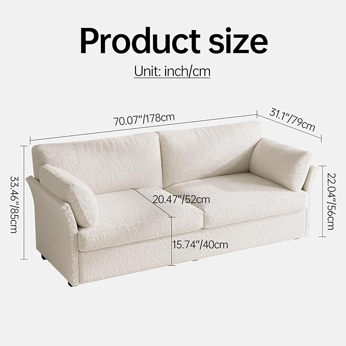 Guyii 70.07 Beige Loveseat Sofa Small 2-Seater Sofa with 2 Pillows Comfy Upholstered Sofa Couch Modern Sofa for Living Room Bedroom Home 330LBS Capacity