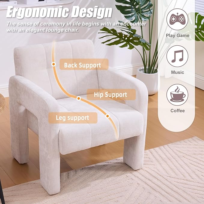 Modern Accent Chair Set of 1 Chenille Fabric Upholstered Reading Armchair Mid-Century Leisure Comfy Single Sofa Chair for Living Room Bedroom Home Office (Beige Set of 1)