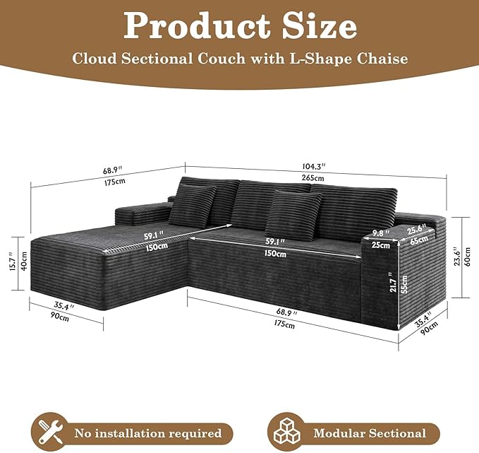 104 Black Boneless Couch with Chaise Sectional Couches for Living Room L Shaped Couch 4 Seat SofaCompression Sofa for Bedroom Comfy No Assembly Corduroy (Grey Right)