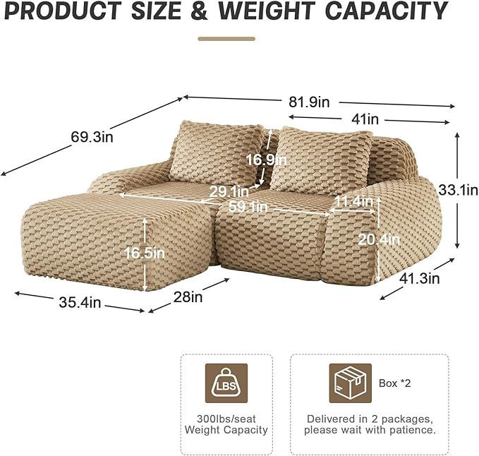 82 Modular Sectional Sofa Couch Flannelette Upholstery Boneless Couch Loveseat with Ottoman Modern L Shaped Sectional Couches for Living Room Apartment &amp Movie Room No Assembly Camel