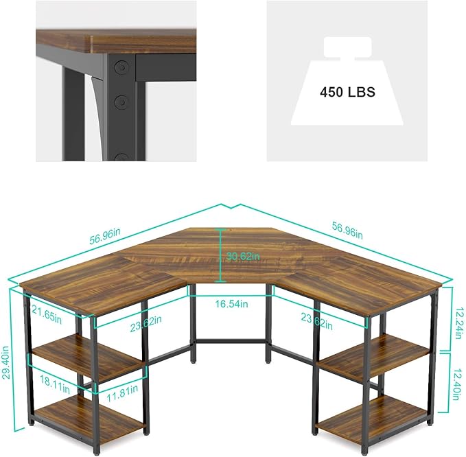 Elephance Large L-Shaped Computer Desk with Shelves Corner Desk Home Office Writing Workstation Gaming Desk PC Latop Table with Storage
