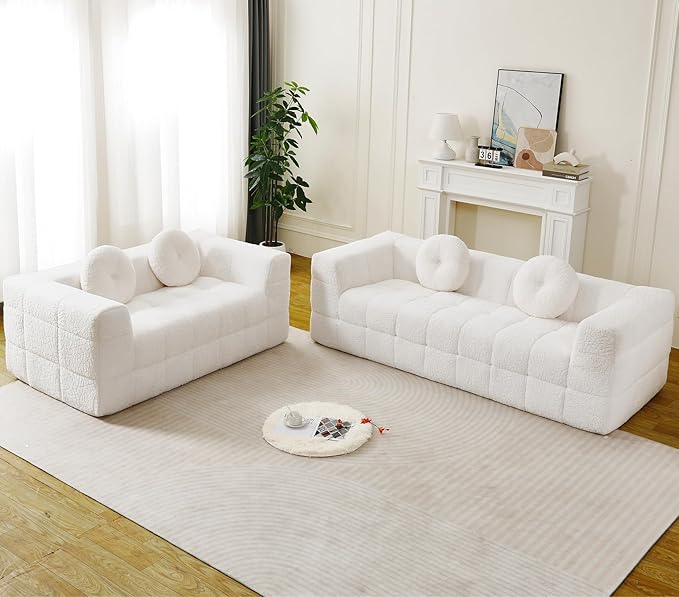 2 Pieces Cloud Couch Set for Living Room 66.5-inch and 84.6-inch Modern Comfy Upholstered Deep Seat Faux Fur Boneless Sofa and Loveseat Set with 2 Pillows for Living Room Bedroom Office Beige