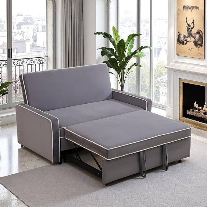 FONTOI 53 Inch Convertible Pull Out Sofa Bed Sleeper Couch with Fluffy Fabric Loveseat with Adjustable Backrest for Living Room Bedroom Apartment Light Grey