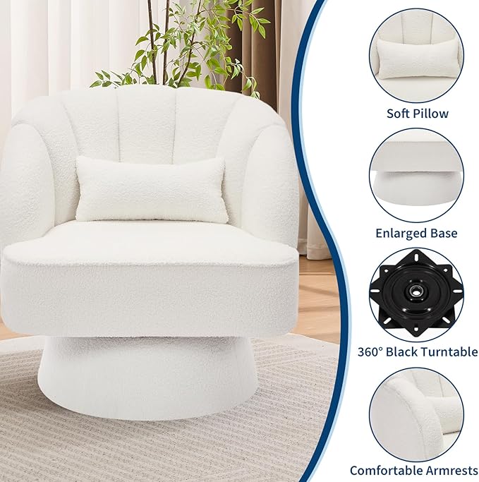 GarveeHome Modern Swivel Barrel Accent Chair 360° Teddy Fabric Upholstered Armchair with Striped Backrest &amp Plush Padding Comfy Round Lounge Chair for Living Room Bedroom Reading Nook Beige 2