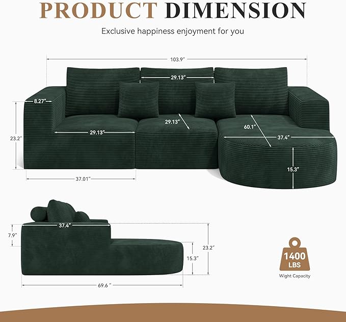 L-Shaped Boneless Couch104 Couches for Living Room with Curved ChaiseModular Sectional Sofa with Deep SeatModern Cozy Cloud Compression SofasNo Assembly Required(Green) 1PCS