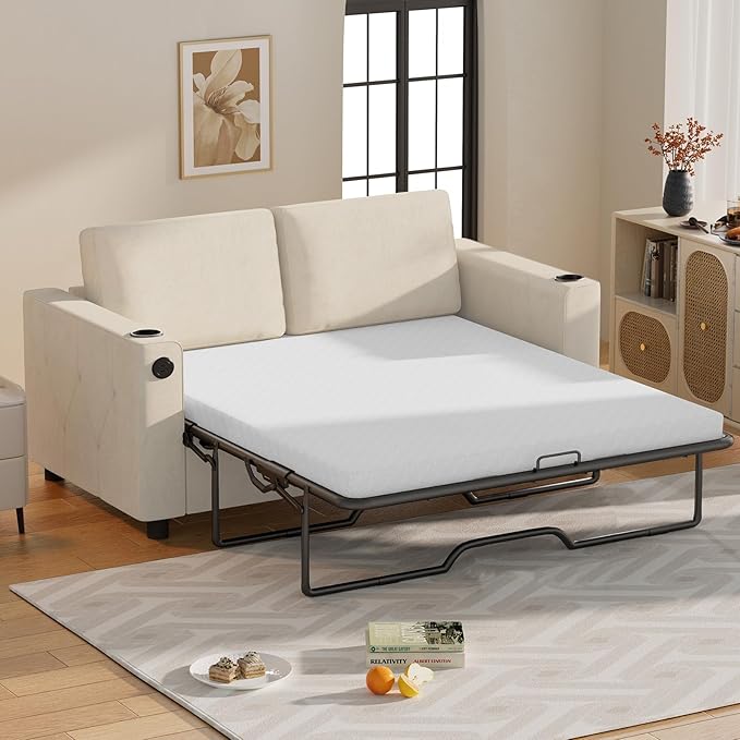 BALUS Pull Out Sofa Bed Full Size Sleeper Sofa Couch with USB Ports 2-in-1 Convertible Pullout Couchs with 2 Cup Holders &amp Memory Foam Mattress for Living Room Guest Room ApartmentWhite