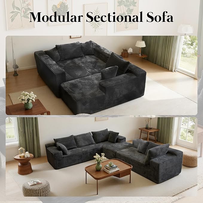 135'' Boneless Couches for Living Room Oversized V-Shaped 6-Seat Faux Fur Convertible Modular Sectional Cloud Sofa 4-in-1 Flexible Combination Deep Seat Corner Large Couch No Assembly Dark Grey