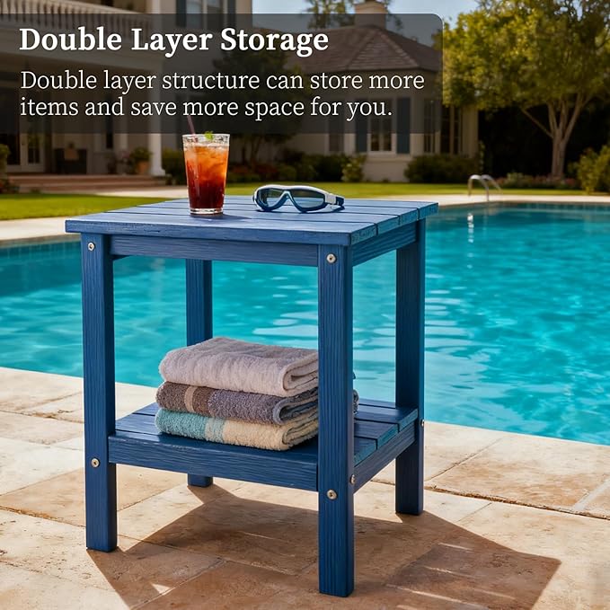 Outdoor Side Table Double Layer Small Side TablesAll Weather Adirondack Side Table Waterproof Outdoor End Tables for Patio Pool Porch (Navy Blue)