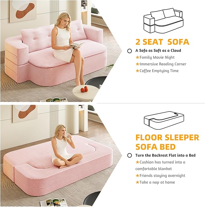 78.7 Full Size Boneless Couch Bed Plush Corduroy Memory Foam Floor Sofa with Multi Functional Blanket 2 in 1Convertible Sleeper Sofa Bed for Living Room Offices Apartment No Assembly (Pink)