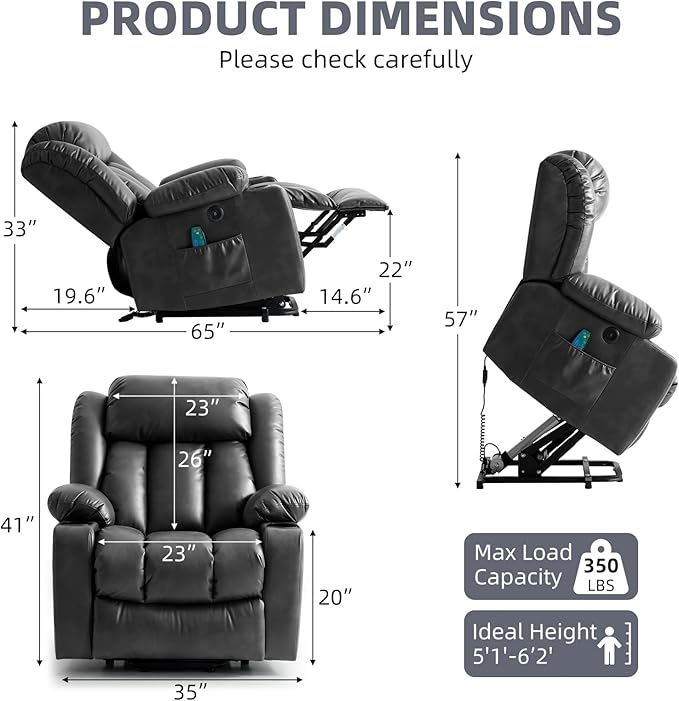 Power Lift Recliner Chair for Elderly Electric Recliner Chairs for Adults with Massage and Heat Cup Holders Remote Control Side Pockets USB Ports Leather (Black)