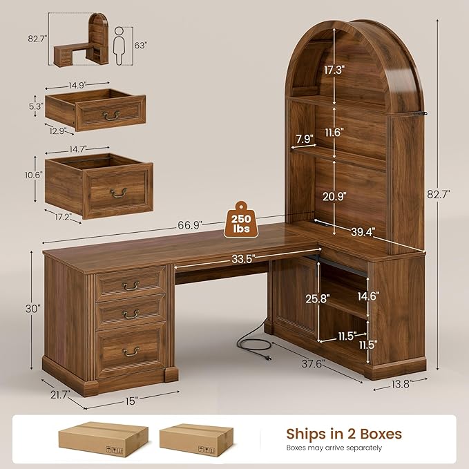 SEDETA 67 L Shaped Desk with Tall Arched Bookshelf Mid-Century Office Computer Desk with 3 Drawers and Storage Shelves Corner Executive Desk with Sliding Barn Door for Home Office Brown