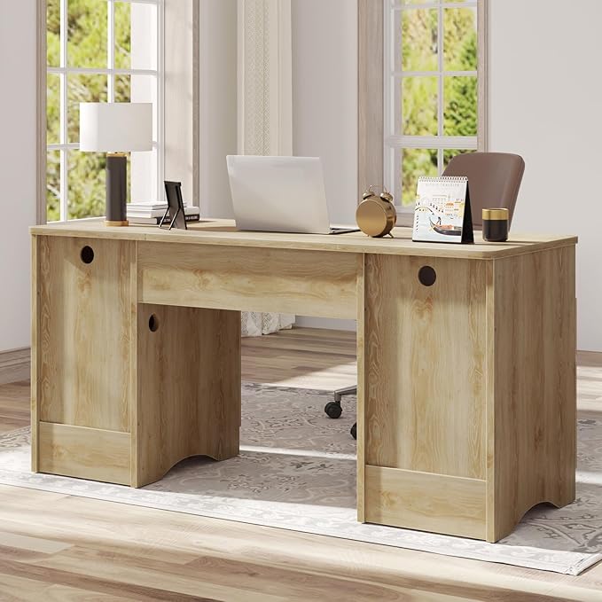 Bestier Computer Desk with 2 Drawer 59 inch Office Desk with Storage Cabinet &amp 2 Open Storage Fluted Executive Desk for Home Office &amp Studio Brown Oak