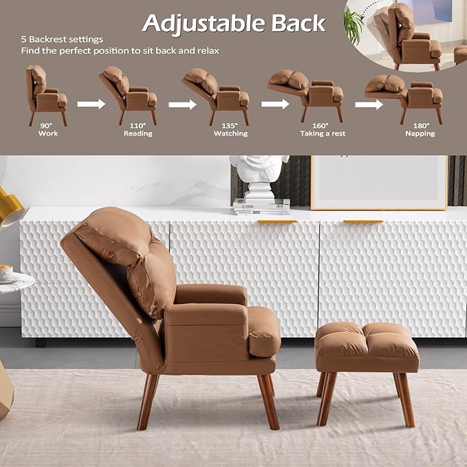 CANMOV Modern Accent Chair with Ottoman Soft Fabric Armchair with Adjustable Backrest and Side Pockets Comfy Lounge Chair for Living Room Bedroom Apartment Office Camel