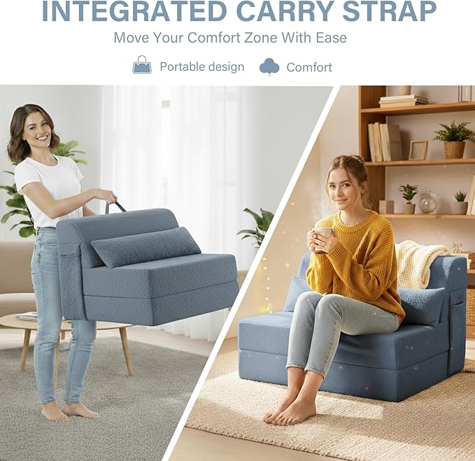 Tiita Convertible Folding Sofa Bed Single Size for Adults with Pillow Plush Fabric Floor Mattress Couch Bed Washable Cover &amp Side Pocket Guest Room Dorm Apartment Living Room Blue Gray