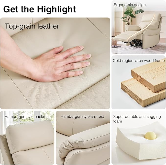 AIRSKY Genuine Leather Recliner Chair Top Grain Leather Italian Water-Washing Process Lazy boy Recliner Chair for Living Room Theater Seating Bedroom BeigeR1