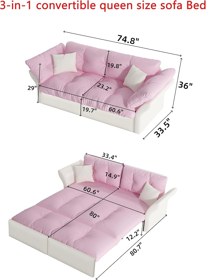 3-in-1 Folding Convertible Sleeper Tufted Sofas Pull Out Sofa Bed with 2 Soft Pillows Multi-Functional Velvet Loveseat Bed Pink