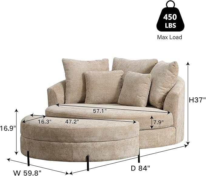 Chifee &amp Vingol 59.8 W Oversized Accent Barrel Chair Large Round Chair with Ottoman &amp Movable WheelsWheat