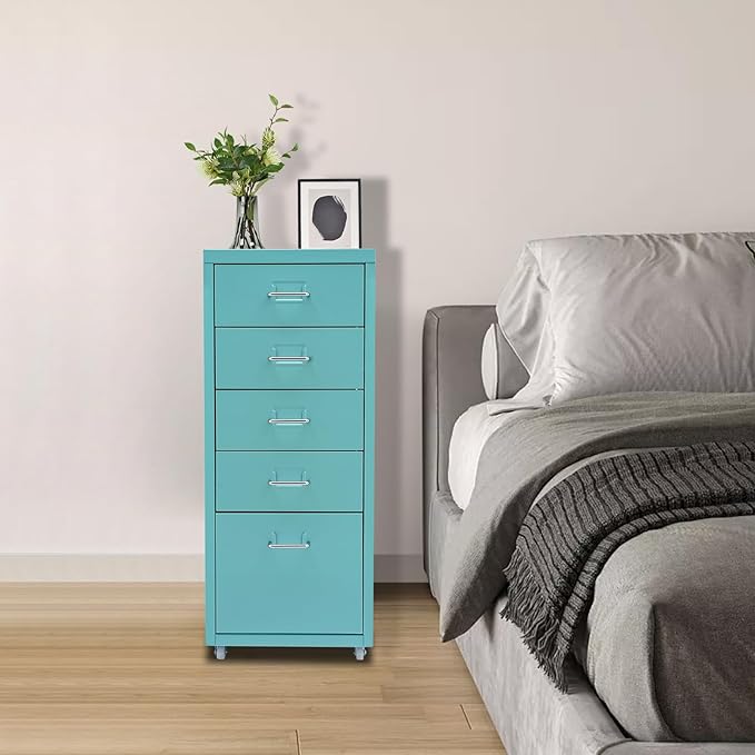 5-Drawer Chest Mobile Storage Cabinet with Wheels Under Office Desk Rolling File Cabinet with Storage Drawers Makeup Drawer Unit for Closet Pencils Scissors (Blue)