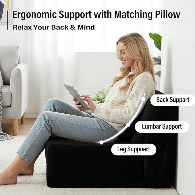 Folding Sofa Bed with Pillow Convertible Sleeper Chair Comfy Floor Futon Couch Mattress Lounge Sofa for Adults Portable Fold Out Chair Bed for Living Room Bedroom Single Black