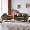 Kingfun Faux Leather 3 Seat Couch Set for Living Room Mid Century Modern Sofa with Rolled Arms and Deep Seats Fluffy Comfort for Apartment Easy to Assemble Olive Green Loveseat and Chair