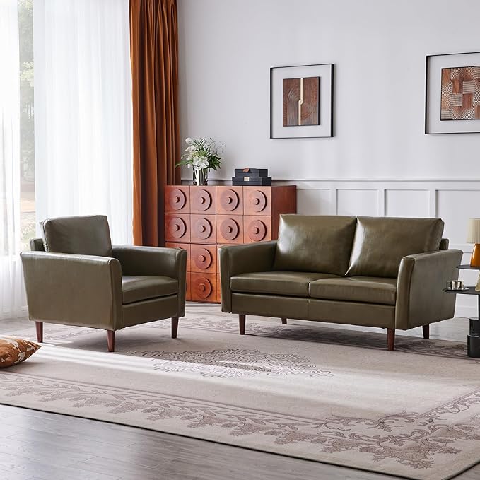 Kingfun Faux Leather 3 Seat Couch Set for Living Room Mid Century Modern Sofa with Rolled Arms and Deep Seats Fluffy Comfort for Apartment Easy to Assemble Olive Green Loveseat and Chair