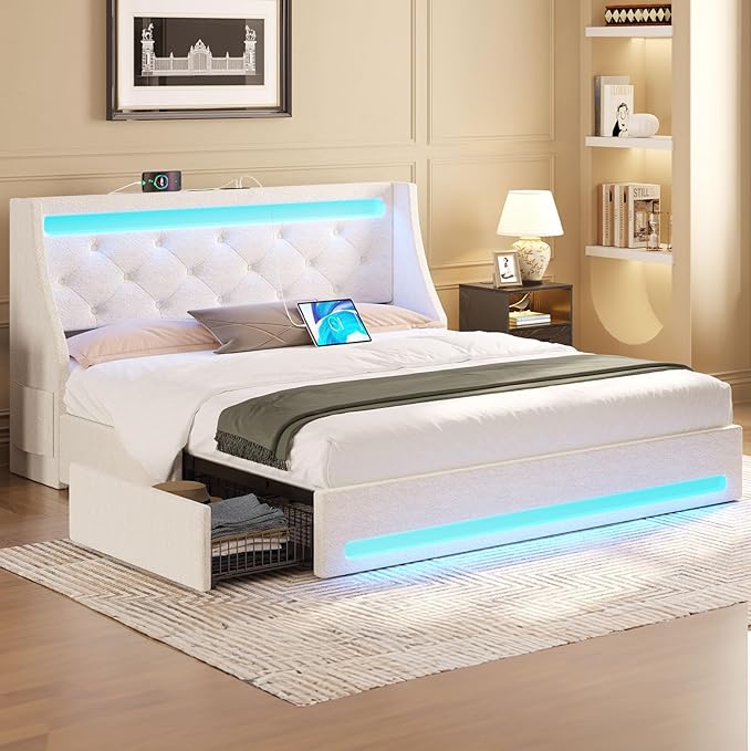 Rolanstar Full Bed Frame with LED Lights and Charging Station Upholstered Bed with Drawers Wooden Slats Noise Free Easy Assembly Beige