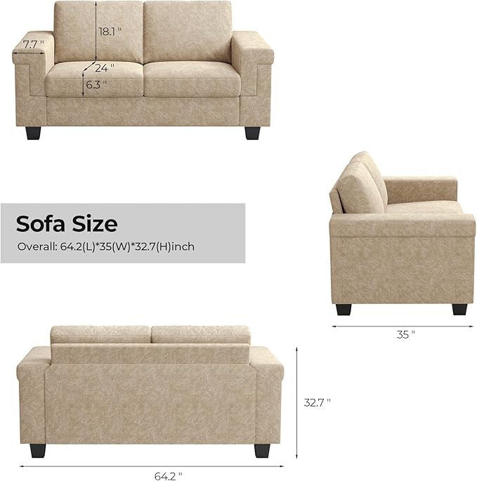 2 Seater Sofa Couch with Deep Seat 64 Modern Upholstered Loveseat Sofa with Armrests Easy Installation Comfy Couches for Living Room Apartment Beige