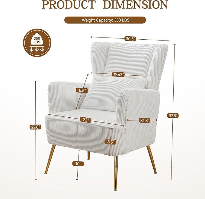 Living Room Chairs Corduroy Accent Armchair with Lumbar Pillow &amp Gold Leg 8.5 Thick Cushion Mid Century Modern High Wingback Bedroom Chairs Upholstered Comfy Sofa Arm Chair White